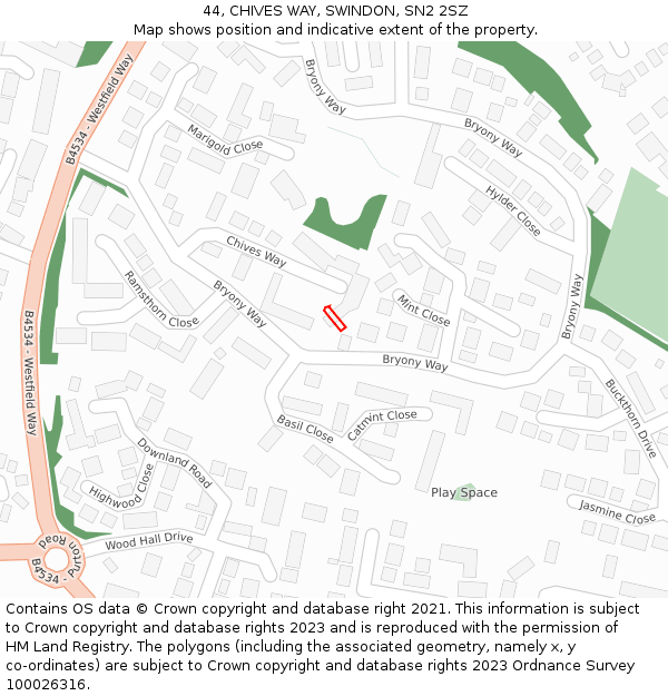 44, CHIVES WAY, SWINDON, SN2 2SZ: Location map and indicative extent of plot