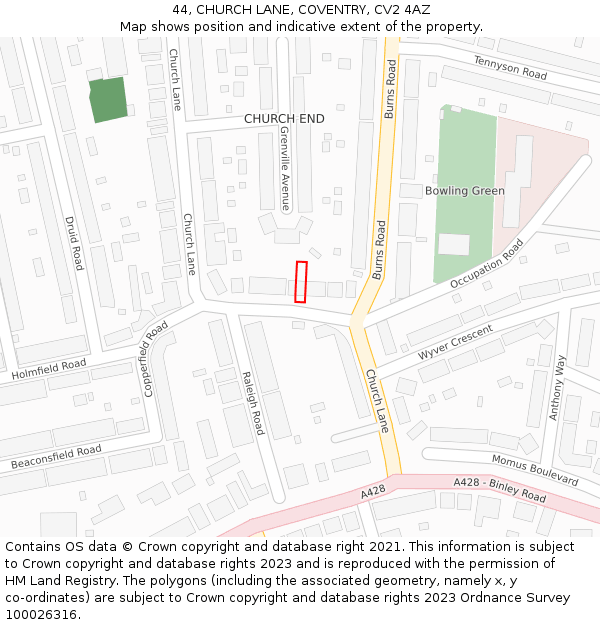 44, CHURCH LANE, COVENTRY, CV2 4AZ: Location map and indicative extent of plot