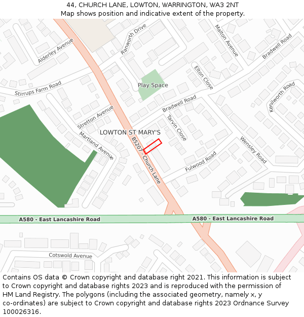 44, CHURCH LANE, LOWTON, WARRINGTON, WA3 2NT: Location map and indicative extent of plot