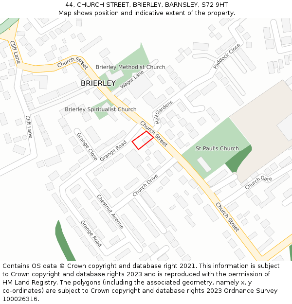 44, CHURCH STREET, BRIERLEY, BARNSLEY, S72 9HT: Location map and indicative extent of plot