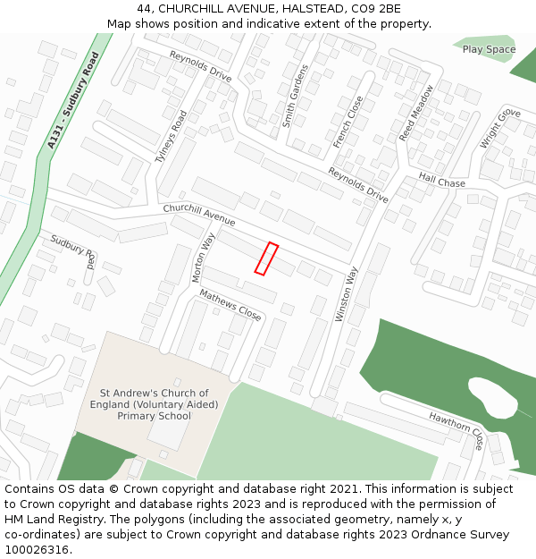 44, CHURCHILL AVENUE, HALSTEAD, CO9 2BE: Location map and indicative extent of plot