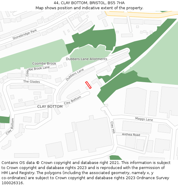 44, CLAY BOTTOM, BRISTOL, BS5 7HA: Location map and indicative extent of plot