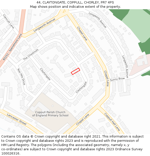 44, CLAYTONGATE, COPPULL, CHORLEY, PR7 4PS: Location map and indicative extent of plot