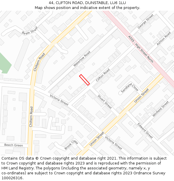 44, CLIFTON ROAD, DUNSTABLE, LU6 1LU: Location map and indicative extent of plot