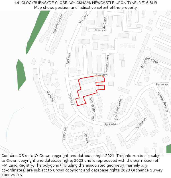 44, CLOCKBURNSYDE CLOSE, WHICKHAM, NEWCASTLE UPON TYNE, NE16 5UR: Location map and indicative extent of plot