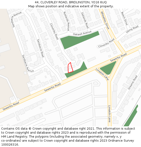 44, CLOVERLEY ROAD, BRIDLINGTON, YO16 6UQ: Location map and indicative extent of plot