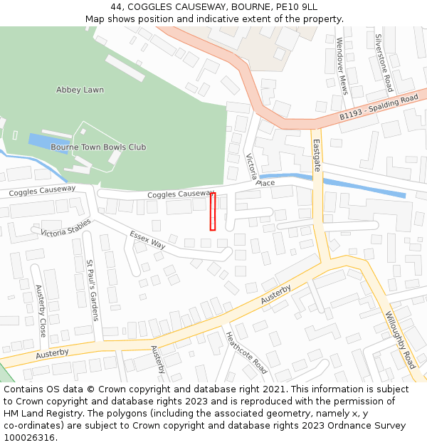 44, COGGLES CAUSEWAY, BOURNE, PE10 9LL: Location map and indicative extent of plot