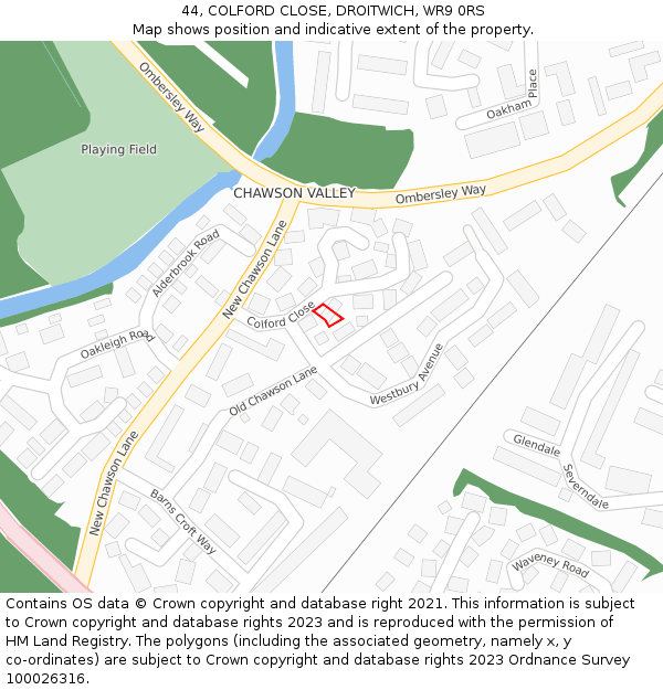 44, COLFORD CLOSE, DROITWICH, WR9 0RS: Location map and indicative extent of plot