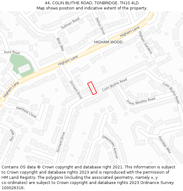 44, COLIN BLYTHE ROAD, TONBRIDGE, TN10 4LD: Location map and indicative extent of plot