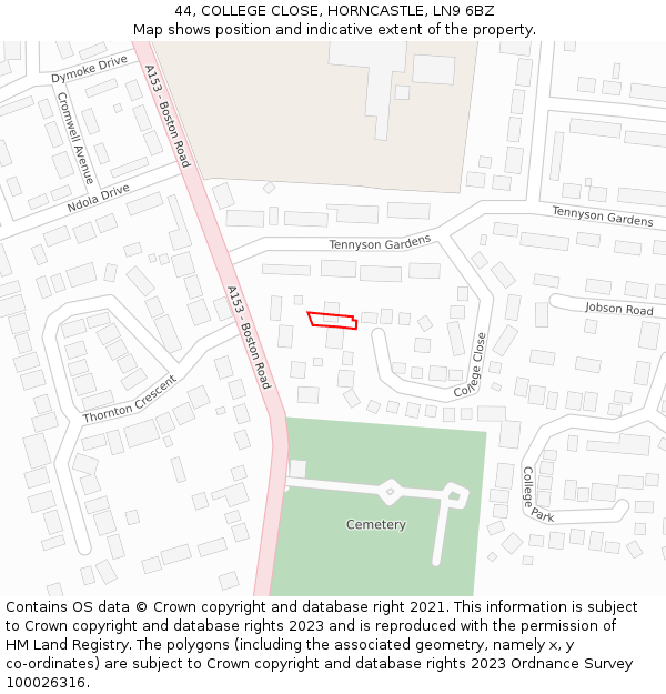 44, COLLEGE CLOSE, HORNCASTLE, LN9 6BZ: Location map and indicative extent of plot