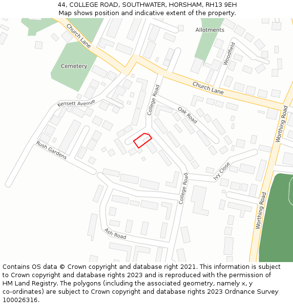 44, COLLEGE ROAD, SOUTHWATER, HORSHAM, RH13 9EH: Location map and indicative extent of plot