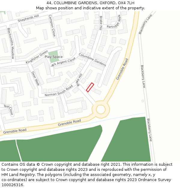 44, COLUMBINE GARDENS, OXFORD, OX4 7LH: Location map and indicative extent of plot