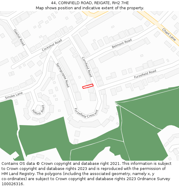 44, CORNFIELD ROAD, REIGATE, RH2 7HE: Location map and indicative extent of plot