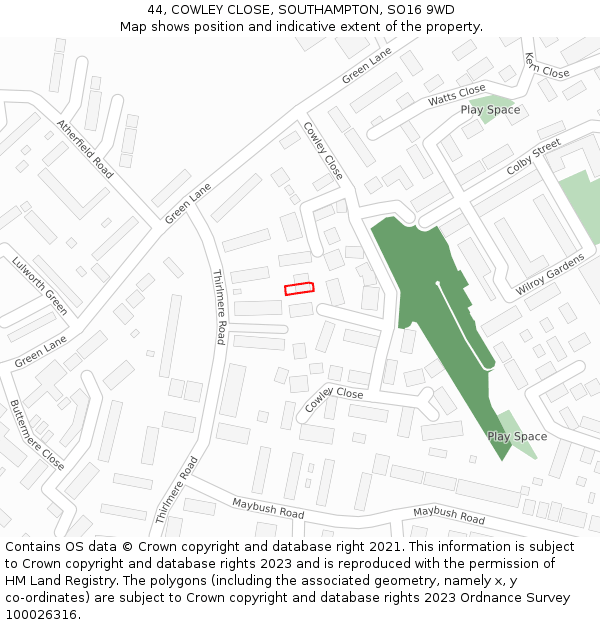 44, COWLEY CLOSE, SOUTHAMPTON, SO16 9WD: Location map and indicative extent of plot