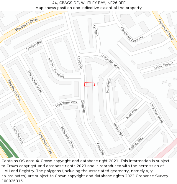 44, CRAGSIDE, WHITLEY BAY, NE26 3EE: Location map and indicative extent of plot