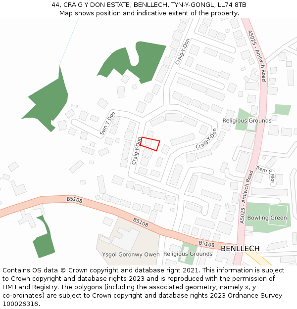44, CRAIG Y DON ESTATE, BENLLECH, TYN-Y-GONGL, LL74 8TB: Location map and indicative extent of plot