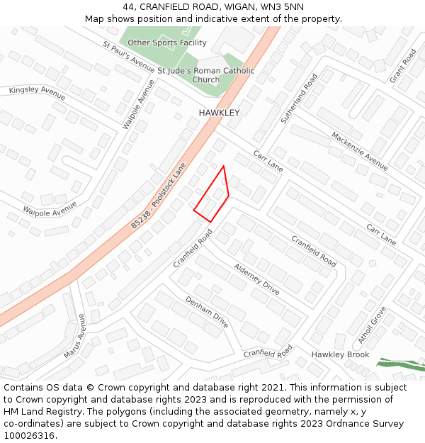 44, CRANFIELD ROAD, WIGAN, WN3 5NN: Location map and indicative extent of plot