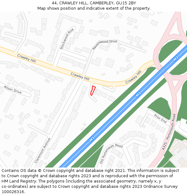 44, CRAWLEY HILL, CAMBERLEY, GU15 2BY: Location map and indicative extent of plot