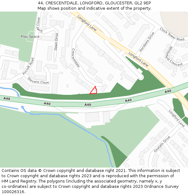 44, CRESCENTDALE, LONGFORD, GLOUCESTER, GL2 9EP: Location map and indicative extent of plot