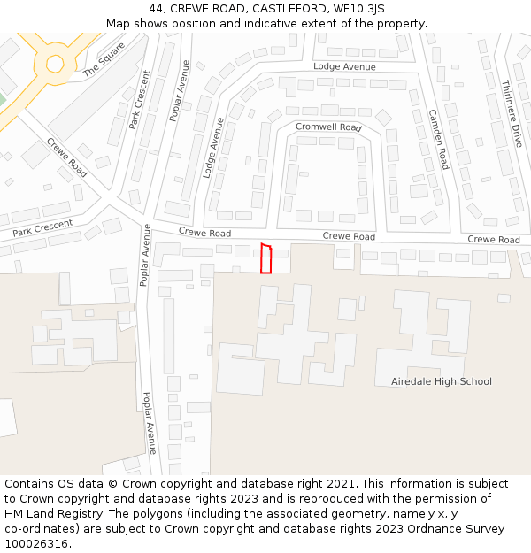 44, CREWE ROAD, CASTLEFORD, WF10 3JS: Location map and indicative extent of plot