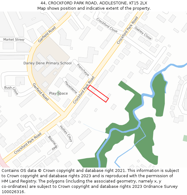 44, CROCKFORD PARK ROAD, ADDLESTONE, KT15 2LX: Location map and indicative extent of plot