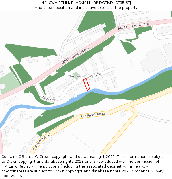 44, CWM FELIN, BLACKMILL, BRIDGEND, CF35 6EJ: Location map and indicative extent of plot