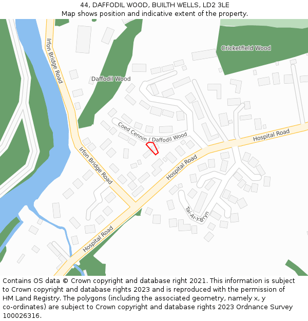 44, DAFFODIL WOOD, BUILTH WELLS, LD2 3LE: Location map and indicative extent of plot