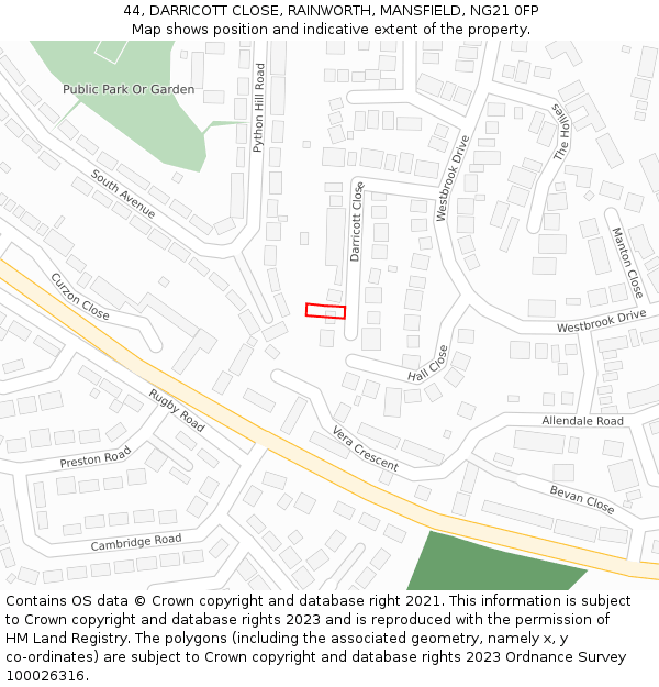 44, DARRICOTT CLOSE, RAINWORTH, MANSFIELD, NG21 0FP: Location map and indicative extent of plot