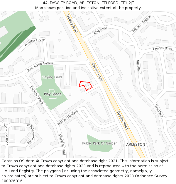 44, DAWLEY ROAD, ARLESTON, TELFORD, TF1 2JE: Location map and indicative extent of plot