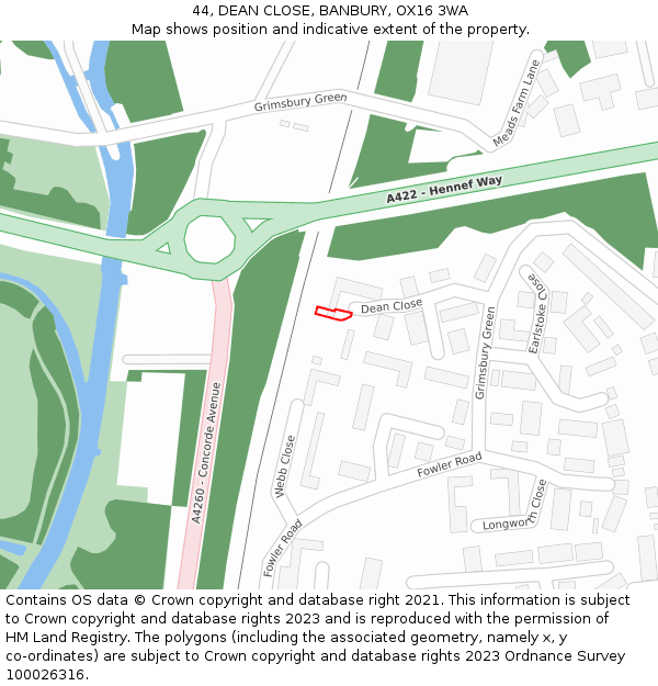 44, DEAN CLOSE, BANBURY, OX16 3WA: Location map and indicative extent of plot