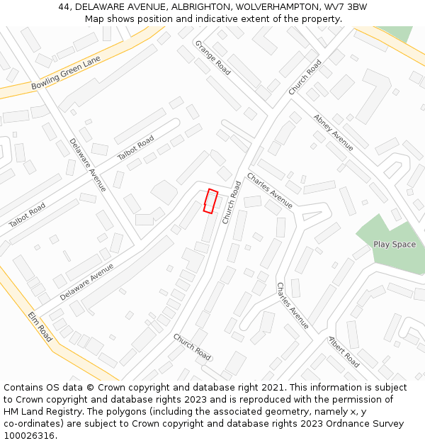 44, DELAWARE AVENUE, ALBRIGHTON, WOLVERHAMPTON, WV7 3BW: Location map and indicative extent of plot