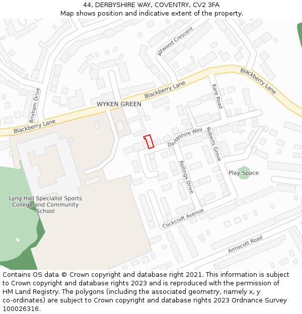 44, DERBYSHIRE WAY, COVENTRY, CV2 3FA: Location map and indicative extent of plot