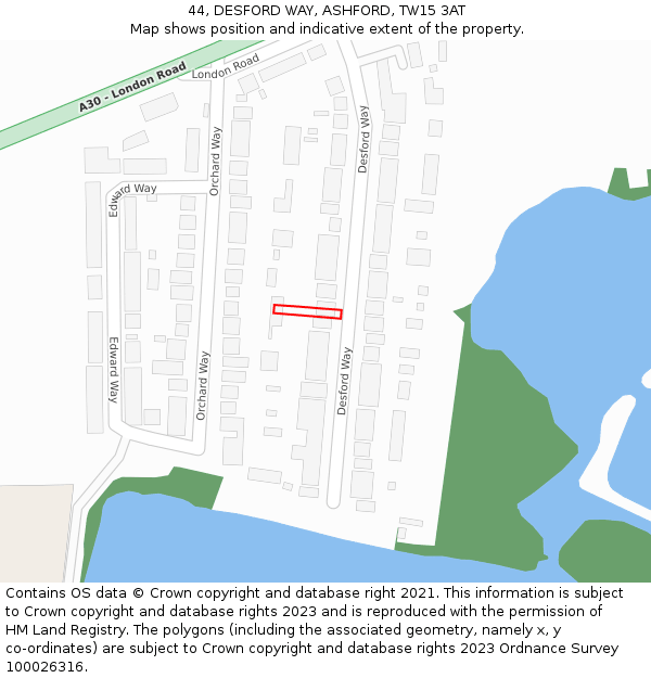 44, DESFORD WAY, ASHFORD, TW15 3AT: Location map and indicative extent of plot