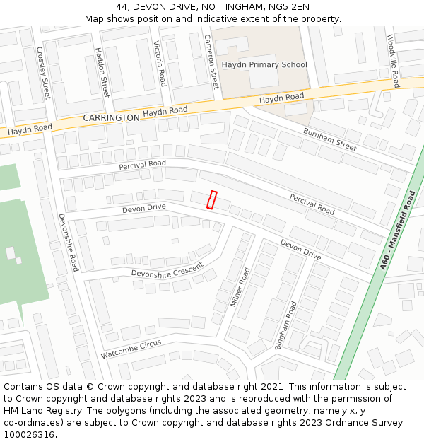 44, DEVON DRIVE, NOTTINGHAM, NG5 2EN: Location map and indicative extent of plot