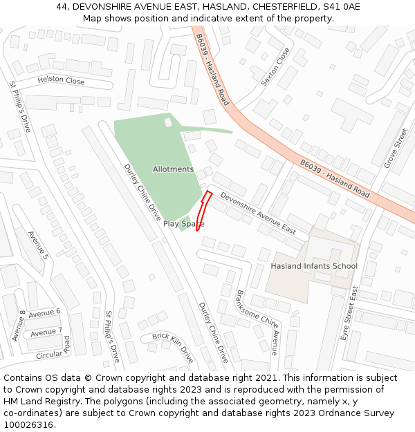 44, DEVONSHIRE AVENUE EAST, HASLAND, CHESTERFIELD, S41 0AE: Location map and indicative extent of plot