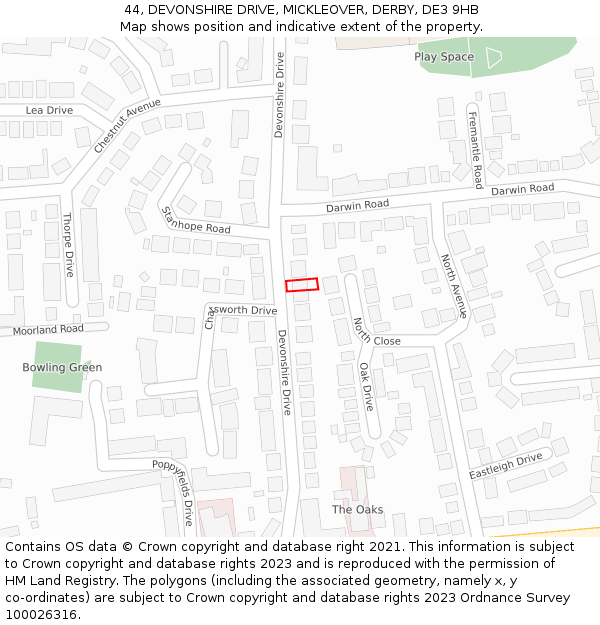 44, DEVONSHIRE DRIVE, MICKLEOVER, DERBY, DE3 9HB: Location map and indicative extent of plot