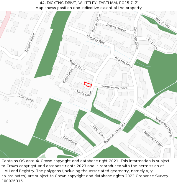 44, DICKENS DRIVE, WHITELEY, FAREHAM, PO15 7LZ: Location map and indicative extent of plot