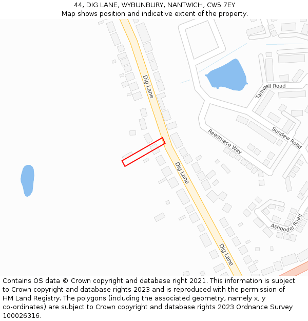 44, DIG LANE, WYBUNBURY, NANTWICH, CW5 7EY: Location map and indicative extent of plot