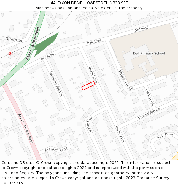 44, DIXON DRIVE, LOWESTOFT, NR33 9PF: Location map and indicative extent of plot