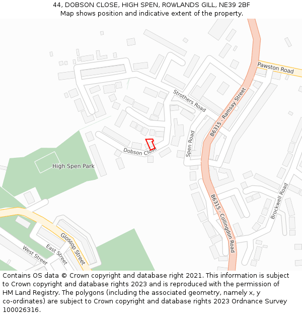 44, DOBSON CLOSE, HIGH SPEN, ROWLANDS GILL, NE39 2BF: Location map and indicative extent of plot