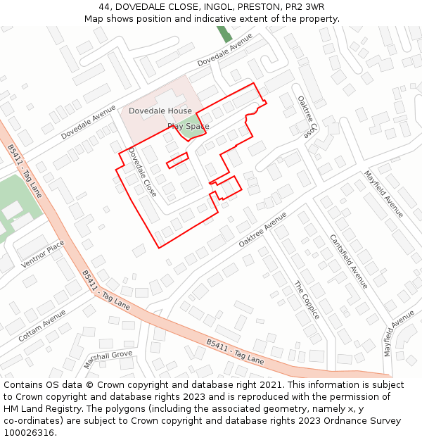 44, DOVEDALE CLOSE, INGOL, PRESTON, PR2 3WR: Location map and indicative extent of plot