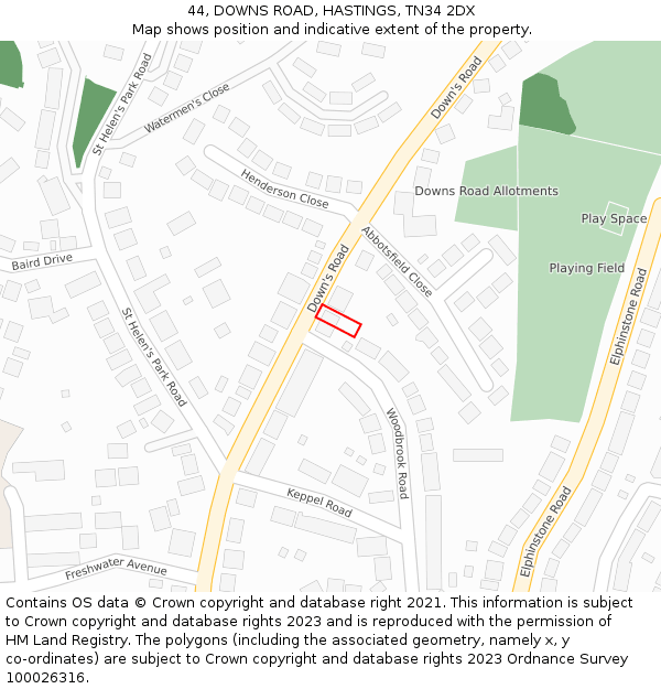 44, DOWNS ROAD, HASTINGS, TN34 2DX: Location map and indicative extent of plot