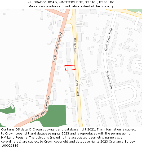 44, DRAGON ROAD, WINTERBOURNE, BRISTOL, BS36 1BG: Location map and indicative extent of plot