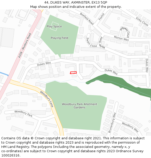 44, DUKES WAY, AXMINSTER, EX13 5QP: Location map and indicative extent of plot
