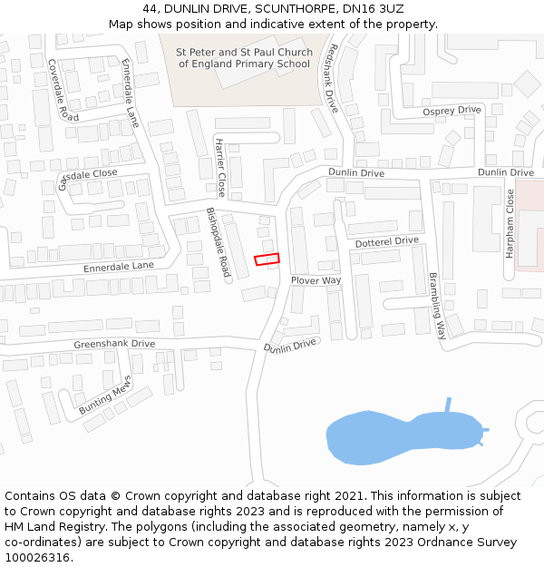 44, DUNLIN DRIVE, SCUNTHORPE, DN16 3UZ: Location map and indicative extent of plot