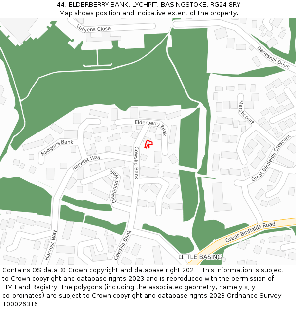 44, ELDERBERRY BANK, LYCHPIT, BASINGSTOKE, RG24 8RY: Location map and indicative extent of plot