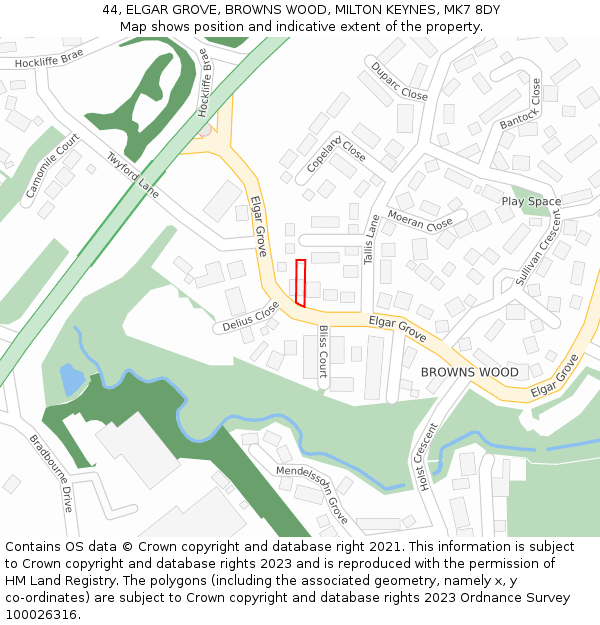 44, ELGAR GROVE, BROWNS WOOD, MILTON KEYNES, MK7 8DY: Location map and indicative extent of plot