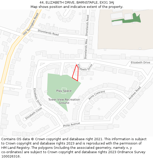 44, ELIZABETH DRIVE, BARNSTAPLE, EX31 3AJ: Location map and indicative extent of plot