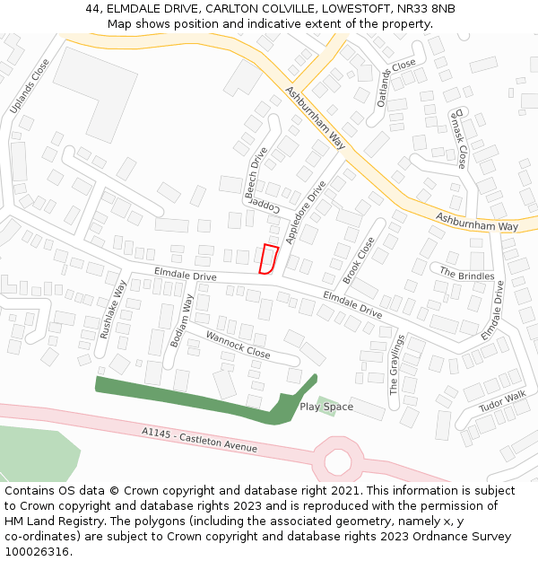 44, ELMDALE DRIVE, CARLTON COLVILLE, LOWESTOFT, NR33 8NB: Location map and indicative extent of plot