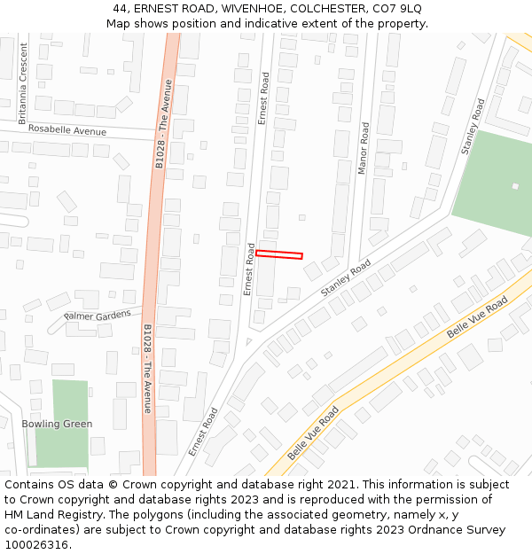 44, ERNEST ROAD, WIVENHOE, COLCHESTER, CO7 9LQ: Location map and indicative extent of plot